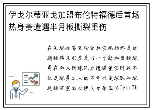 伊戈尔蒂亚戈加盟布伦特福德后首场热身赛遭遇半月板撕裂重伤